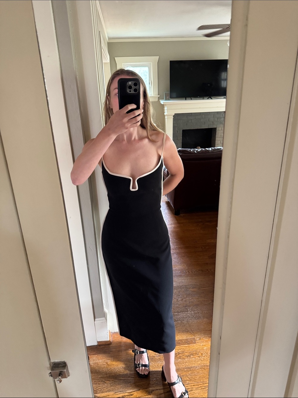 Paris Georgia Black Midi Slip Dress with White Trim